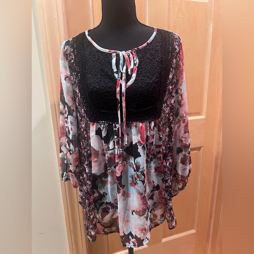 Iz Byer Women’s Semi-Sheer Floral Patchwork Feminine Peasant Cottagecore Top L